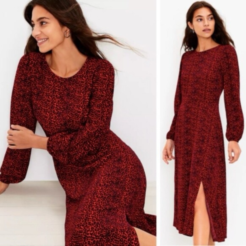 LOFT Leopard Animal Print Slit Midi Dress Long Sleeves Tango Red Holiday Dress✨ - Picture 10 of 10